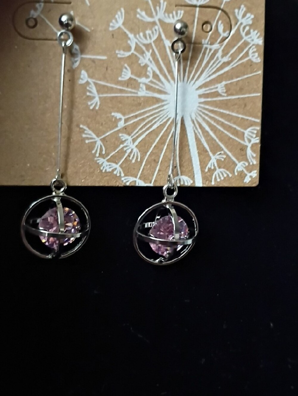 Silver-Tone Drop Earrings with Pink Crystal